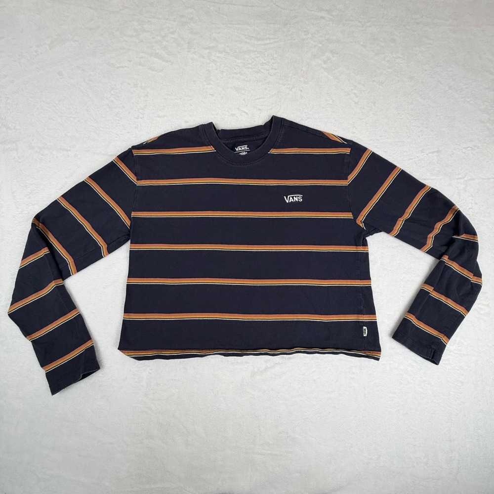 Vans Karina Rozunko Striped Long Sleeve Cropped T-Shirt Navy Orange XS